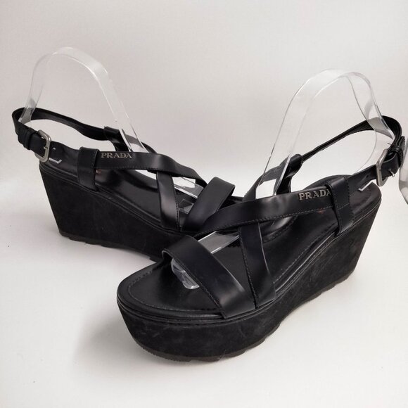Prada Black 90s Criss Cross Platform Sandals 39.5 9.5 - Picture 6 of 9
